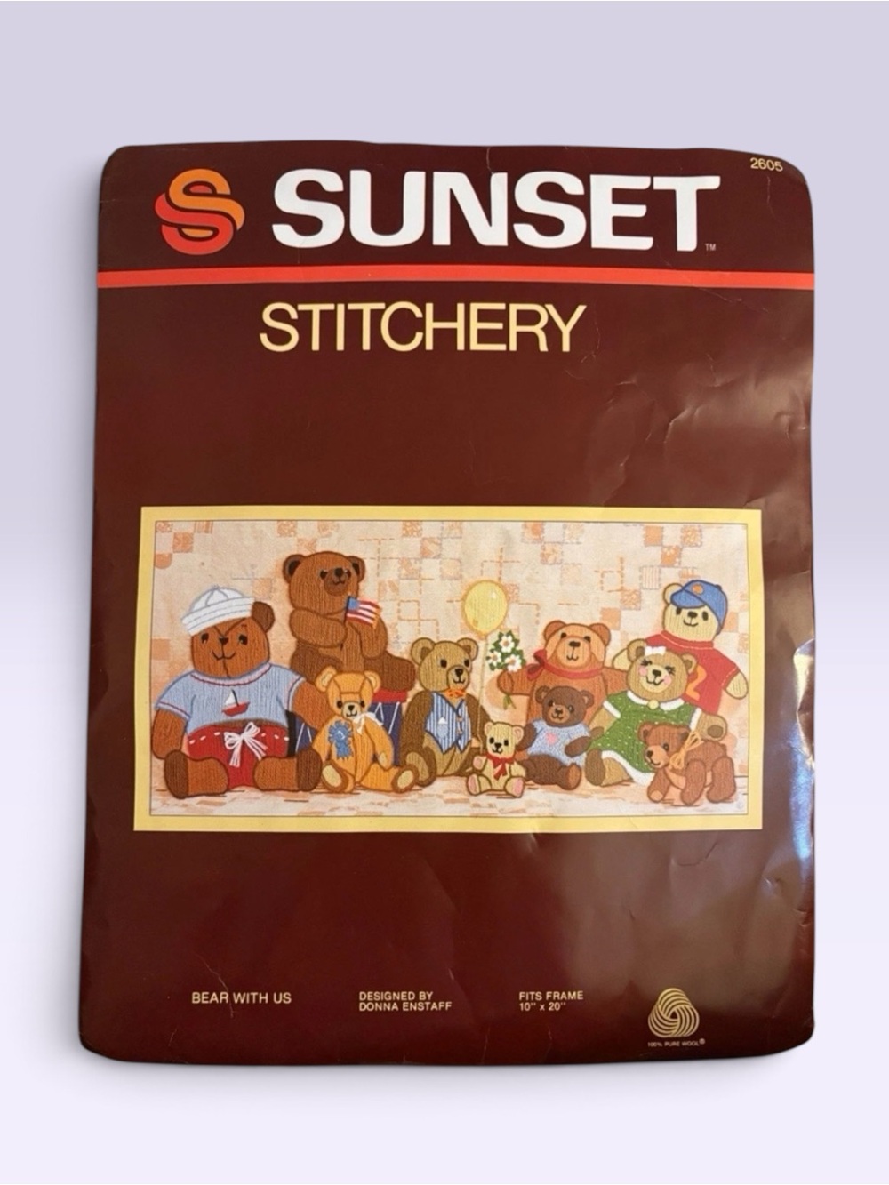 VTG Sunset Stitchery "Bear With Us" Crewel Embroidery Kit #2605 By Donna Enstaff